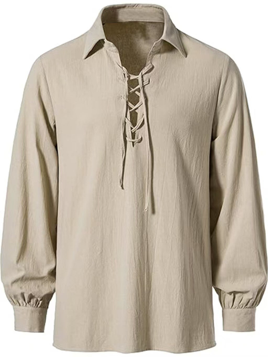 Men Medieval Pirate Shirt Lapel Lace Up Long Sleeve Blouse Renaissance Viking Halloween Cosplay Loose Puff Cuff Tops