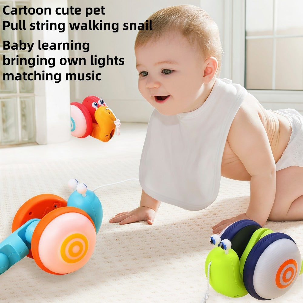 Children's Pull-Along Snail Toy, Baby Learning to Walk and Crawl Toy, Pull String Leash with Lights and Music