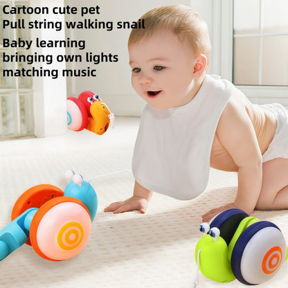 Children's Pull-Along Snail Toy, Baby Learning to Walk and Crawl Toy, Pull String Leash with Lights and Music