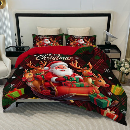 3PC Cartoon Christmas Duvet Cover Kawaii Elk Interesting Old Man Bedding set (1Duvet Cover &2Pillowcases) No filler/core
