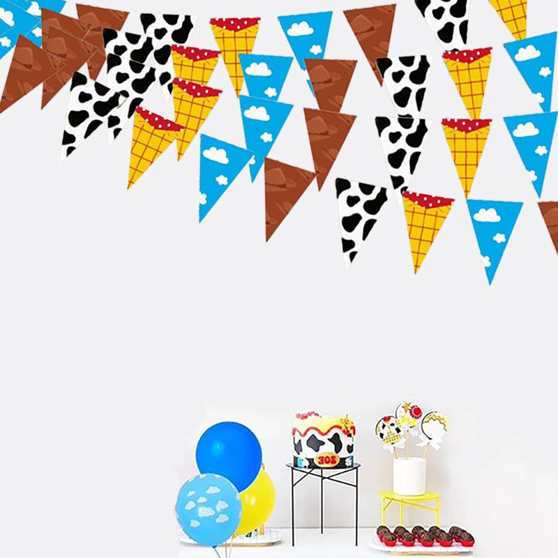 inspired Story Cartoon Party Decoration Banner Cloud Cow Print Triangle Pennant Flag Streamer Kids Boys Baby Shower Supplies