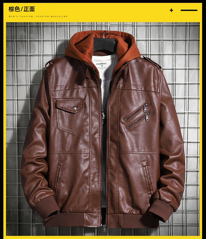 Hooded Leather Jacket Men's Jacket Winter PU Leather Coat Teenage Jackets Men's Motorcycle Leather Coat Harajuku