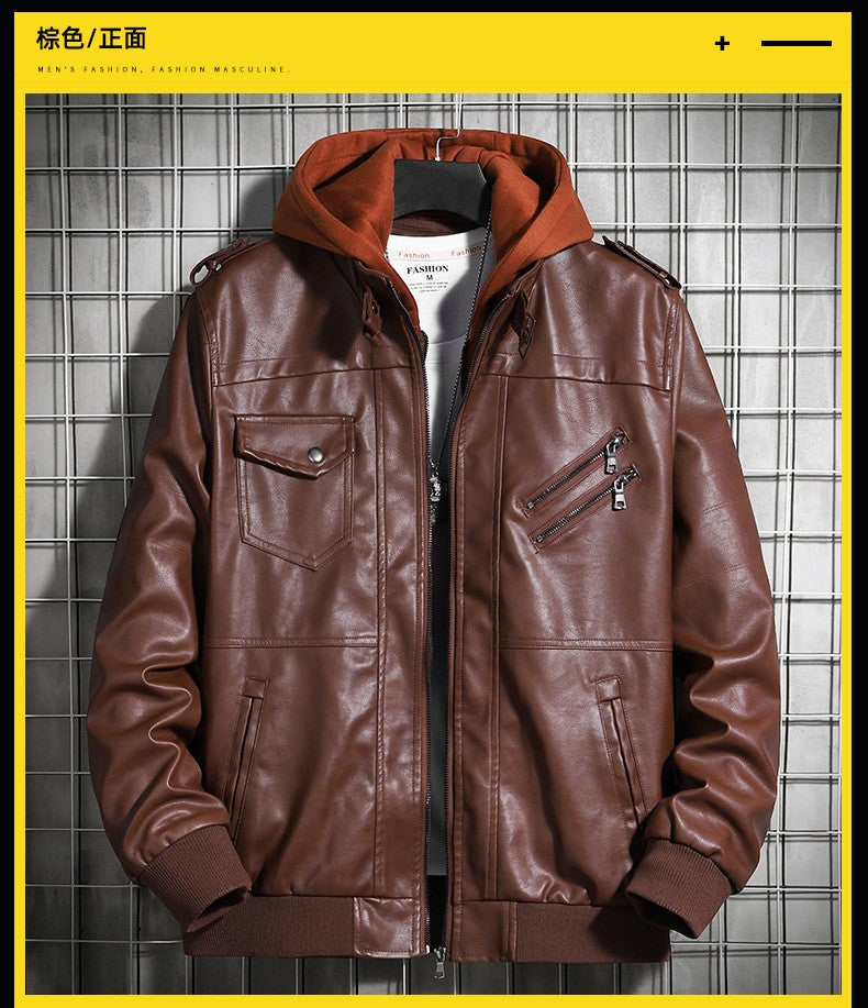 Hooded Leather Jacket Men's Jacket Winter PU Leather Coat Teenage Jackets Men's Motorcycle Leather Coat Harajuku