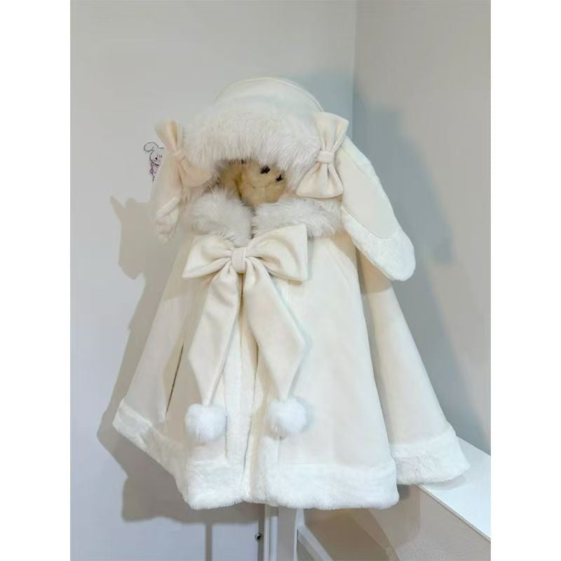 2025 Winter New Lolita Shawl Overcoat Women Design Bow Hooded Patchwork Kawaii Cope Coat Female Warm Chic Sweet Christmas Coat