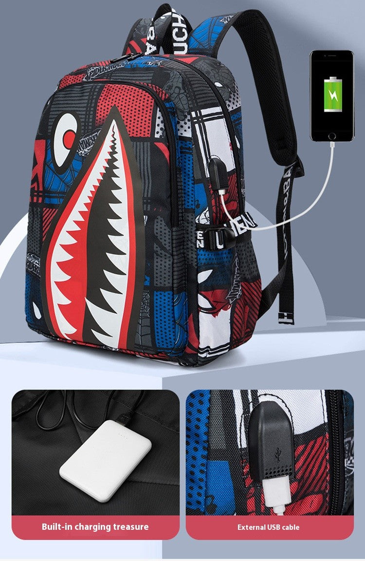 Mochila Escolar para Meninos com Estampa de Tubarão para Crianças, Mochilas de Viagem