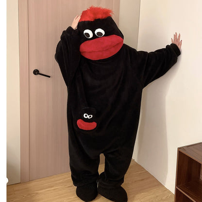 Funny Big Mouth Monster Onesie Pajamas Fluffy Coral Fleece Hooded Loungewear with Pocket Cartoon Party Costume