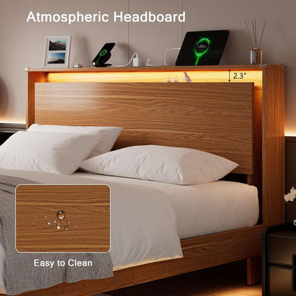 Cama Box King Size com LED e Estação de Carregamento – Estrutura Flutuante de Madeira com Cabeceira Armazenadora, Estrados Adesivos