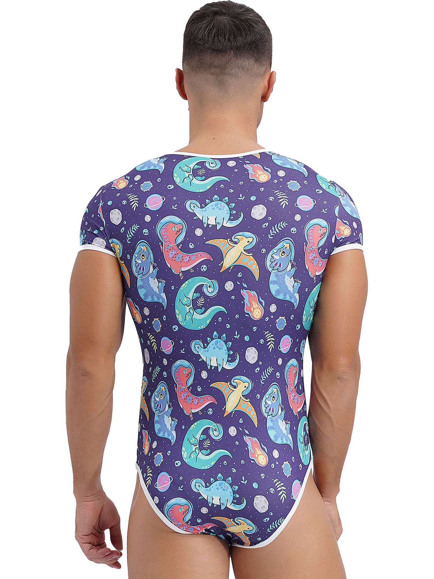 Mens Cute Cartoon Print Bodysuit Sissy Pajamas Short Sleeve Buttoned Crotch Diaper Rompers Gay Male Onesies Sleepwear Loungewear