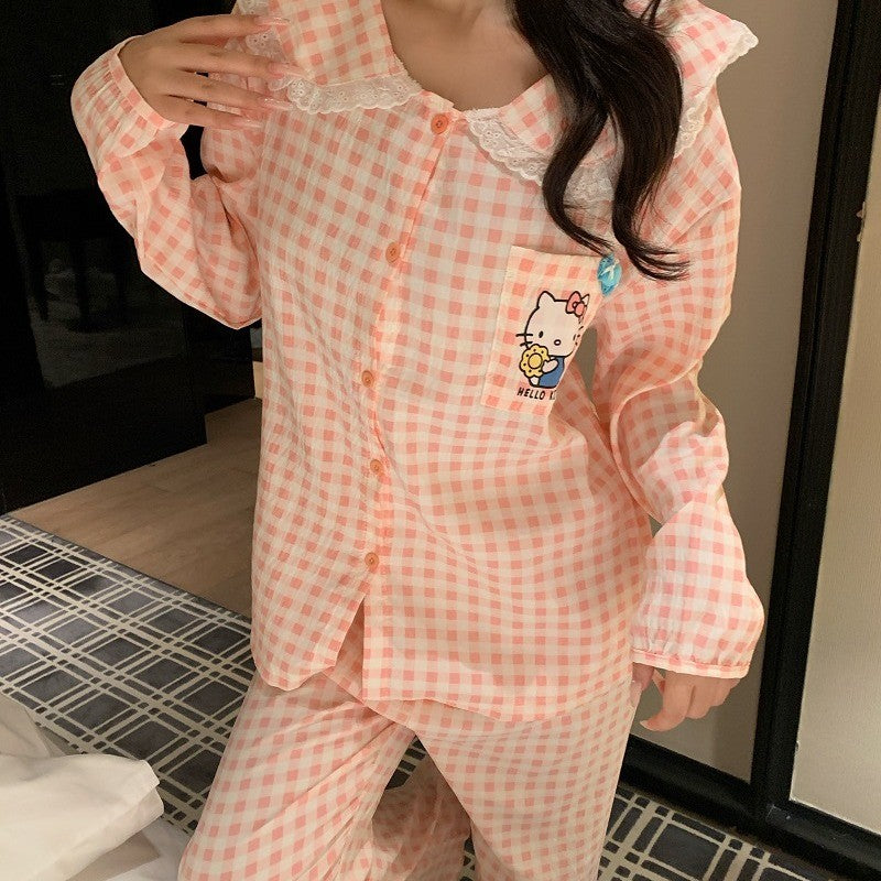 New Plus Size Sanrio Long Pajamas HelloKitty Lace Plaid Kawaii Cartoon Loose Sleepwear Pajamas Sets Autumn Winter Nightwear