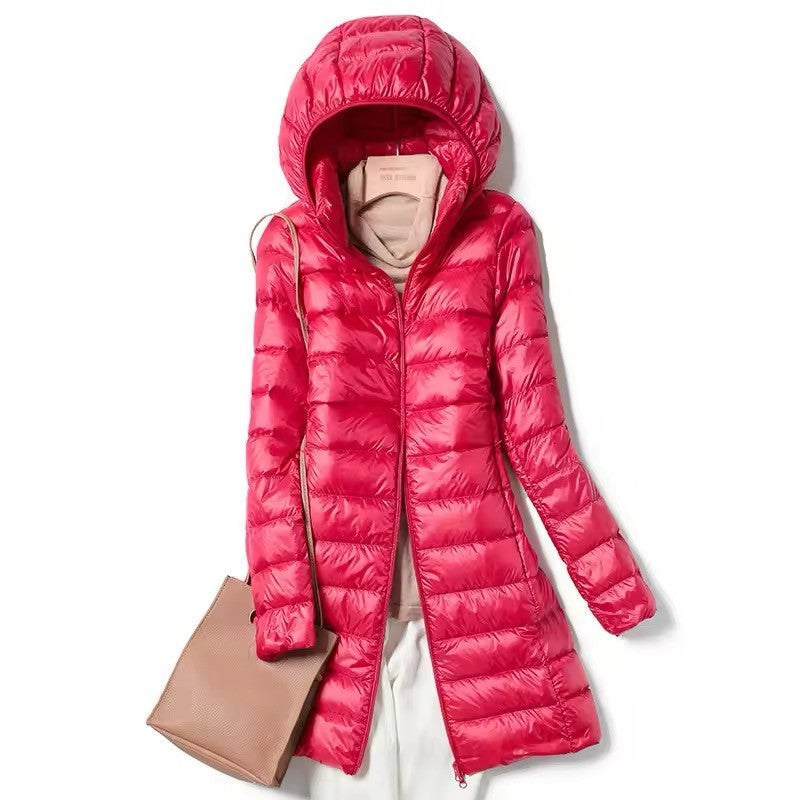 Women's X-long Office Lady Hat Detachable Puffer Jackets 2025 New Arrival Autumn Winter White Duck Down Warm Coat