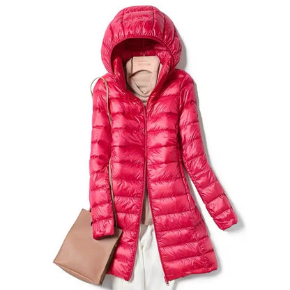 Women's X-long Office Lady Hat Detachable Puffer Jackets 2025 New Arrival Autumn Winter White Duck Down Warm Coat