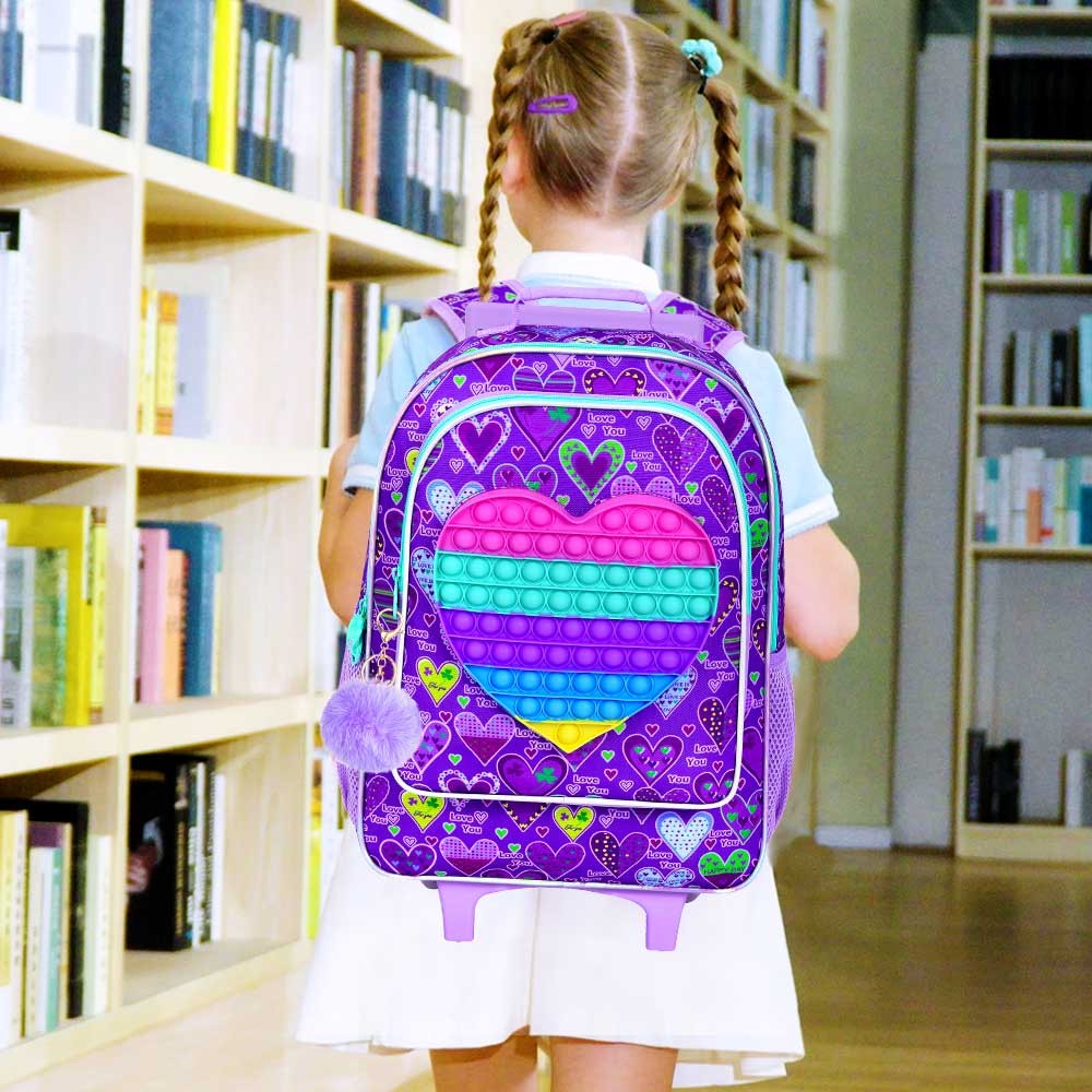 Mochila de Rodinha 3 Peças para Meninas, Mochila Escolar com Rodas para Crianças, Mochila Escolar com Lancheira - Roxo