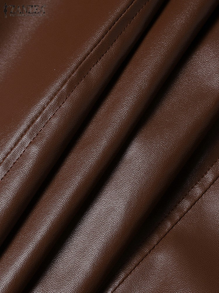 Plus Size 5XL ZANZEA Women PU Leather Midi Jupes Elegant Casual Autumn Loose High Waist Skirt Solid Skirt High Waisted Falda