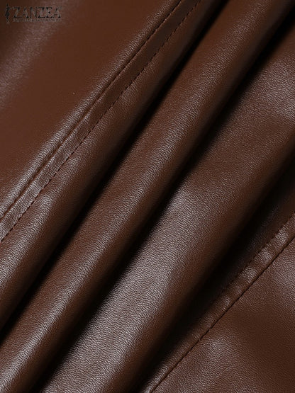 Plus Size 5XL ZANZEA Women PU Leather Midi Jupes Elegant Casual Autumn Loose High Waist Skirt Solid Skirt High Waisted Falda