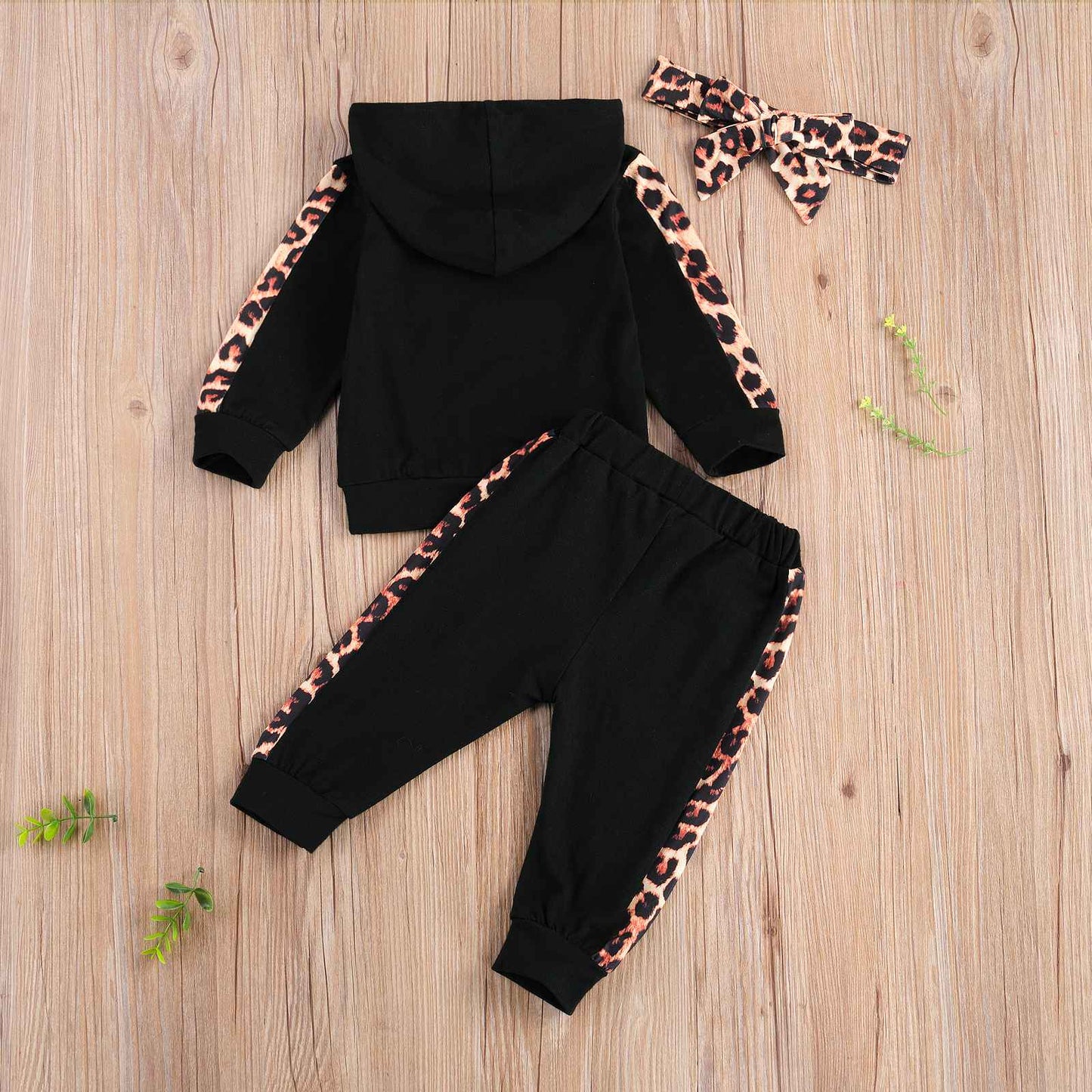 Infant Baby Girl Long-sleeved Trousers Suit Letter Hooded T-shirt Leopard Stitching Long Pants Headband 3Pcs Clothes Spring Fall