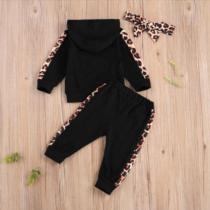 Infant Baby Girl Long-sleeved Trousers Suit Letter Hooded T-shirt Leopard Stitching Long Pants Headband 3Pcs Clothes Spring Fall