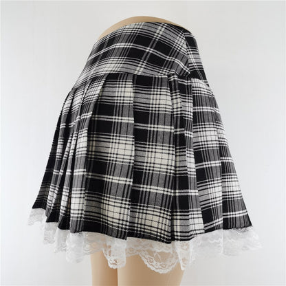 New Contrast Lace Plaid Pleated Skirt Vintage Sexy Skater Clothes Harajuku Gothic Punk England Style Y2k Skirt