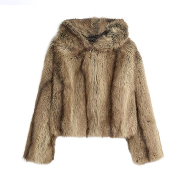 Warm Women's Hooded Faux Fur Cropped Coats Loose V-neck Full Sleeve Thicken Jacket Female 2025 Autumn Winter Lady Luxury Outwear