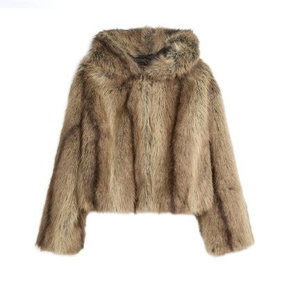 Warm Women's Hooded Faux Fur Cropped Coats Loose V-neck Full Sleeve Thicken Jacket Female 2025 Autumn Winter Lady Luxury Outwear