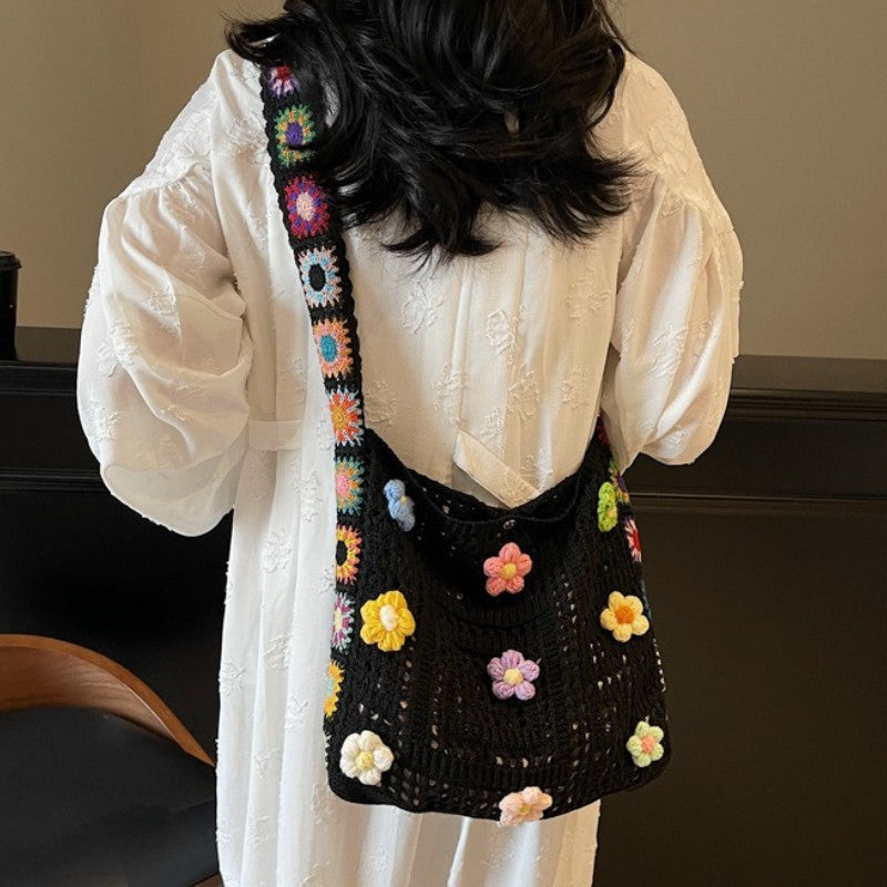 Women's Boho Crochet Bag Designer Flowers Knitted Handbags Large Capacity Summer Beach Woven Shoulder Bag Girls Tote Shopper Bag