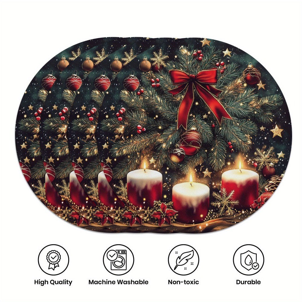 4PCS Christmas Placemats Round Polyester Non Slip Heat Resistant Festive Table Mats Christmas Style Design Round Tablecloth