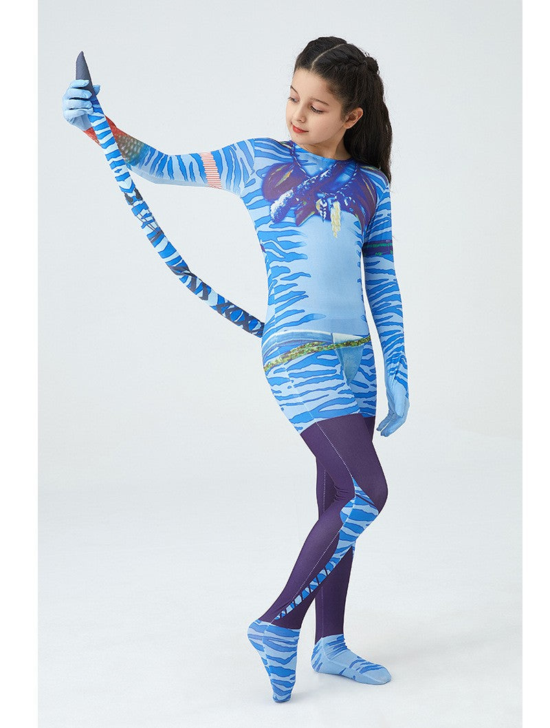Girls Avatar 2 Neytiri Costume Tail Suit Boys Jake Sully Cosplay Zentai Bodysuit Jumpsuit Kids Halloween Birthday Party Costume