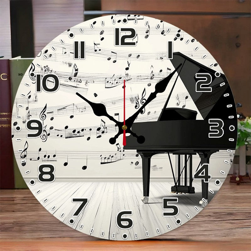 Elegant Piano Notes Wooden Round Silent Hanging Wall Clock, Suitable For Living Room,Office,Study Room, Bedroom, Home Decoration