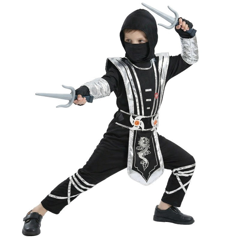 Children's Silver Dragon Ninja Costume Cartoon Masked Warrior Performance Outfit Halloween Anime Roleplay Holiday Party Costume