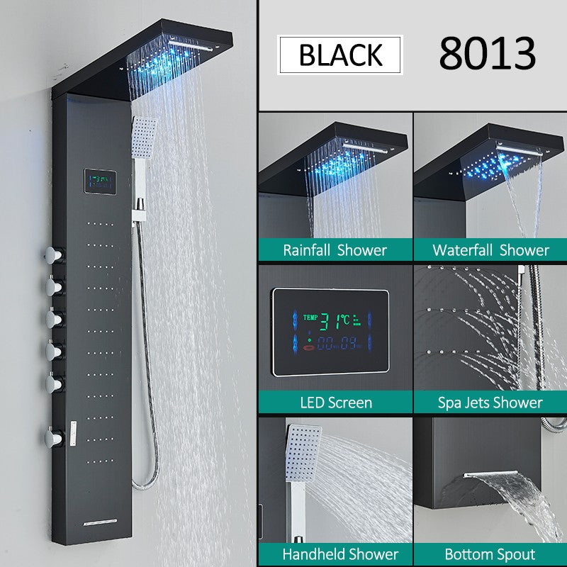 Sistema de Torre de Painel de Chuveiro de LED Coluna de Chuveiro de Cascata de Chuva com Tela LCD de Hidroeletricidade com Torneira de Chuveiro de Spa de Corpo com Massagem