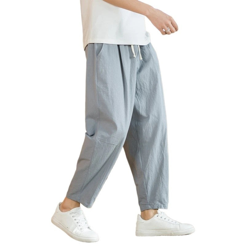 New Cotton Linen Mens Pants Casual Solid Color Breathable Streetwear Loose Straight Drawstring Baggy Lightweight Sport Pants