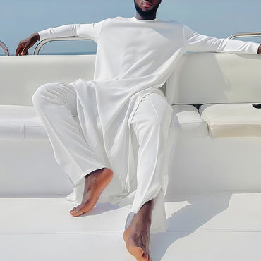 INCERUN Men Sets Solid Color Long Sleeve Long Style T Shirt & Pants Two Pieces Sets Loose Streetwear Fashion Casual Men Suits