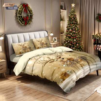 Conjunto de edredom sem enchimento 3 peças com estampa de cervo dourado de Natal, vários tamanhos, roupa de cama para quarto, decoração de feriado, macio e lavável à máquina