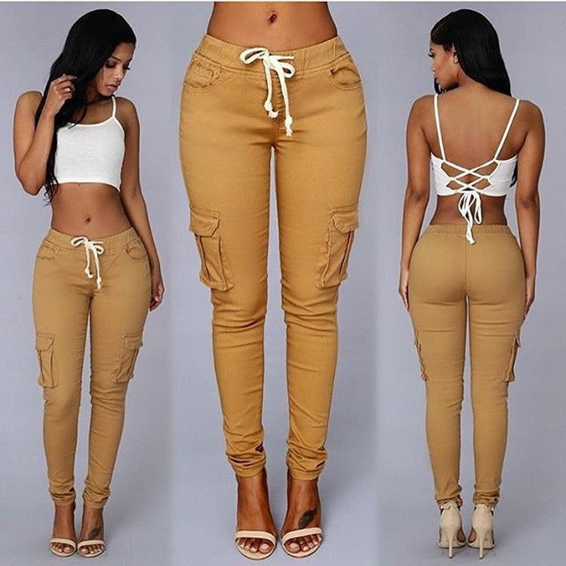 Women Slim Fit Pencil Pants Multi Pocket Drawstring Tie Waist Casual Trousers with Belt