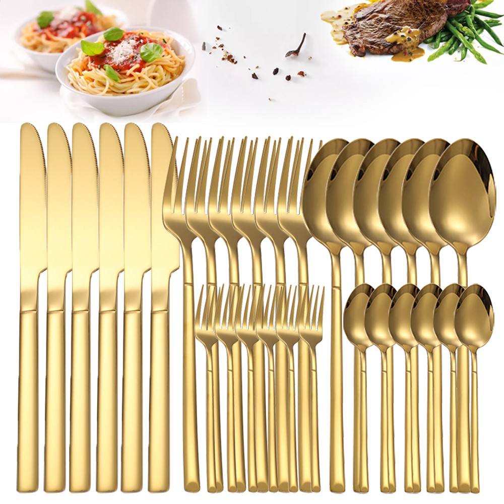 Conjuntos de talheres de ouro 30 peças, talheres de aço inoxidável, garfo de sobremesa, colher de café, talheres laváveis em lava-louças para jantar, cozinha e mesa.