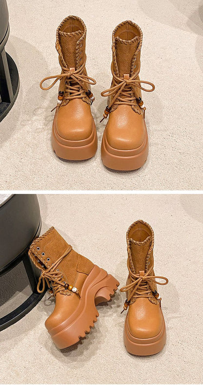 High Platform Women Motorcycle Boots 9CM Wedge Heels Walking Ankle Shoes New 2025 Autumn Winter Lace-up Modern Short Booties