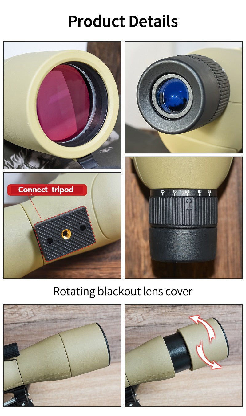 Telescópio Terrestre HD 25-75x60 com Zoom Potente, À Prova D'água, Prisma BAK4 de Longo Alcance para Equipamento de Acampamento com Tripé