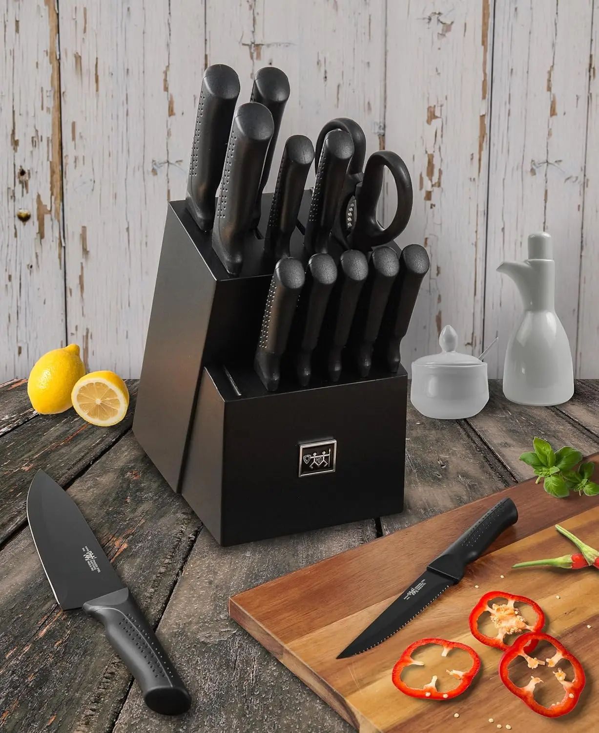 Conjunto de Facas, 15 Peças Conjunto de Facas de Cozinha com Bloco Autoafiável, Lavável na Lava-louças, 6 Facas de Carne, Cabo Antiderrapante, Preto