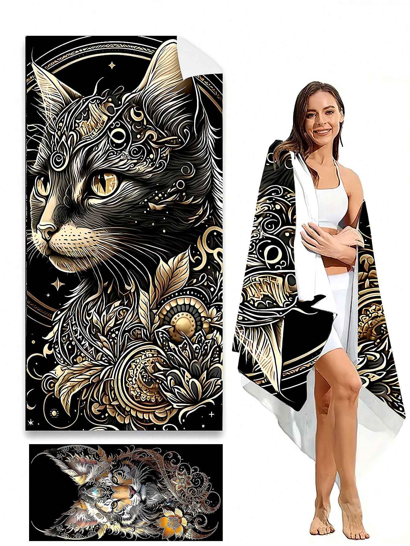 Ultra-Fine Fiber Quick-Drying Nordic Tropical Style Flamingo, Black Cat, Leopard And Tiger Printed Cartoon Beach Towel, Yoga Mat