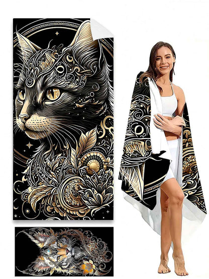 Ultra-Fine Fiber Quick-Drying Nordic Tropical Style Flamingo, Black Cat, Leopard And Tiger Printed Cartoon Beach Towel, Yoga Mat