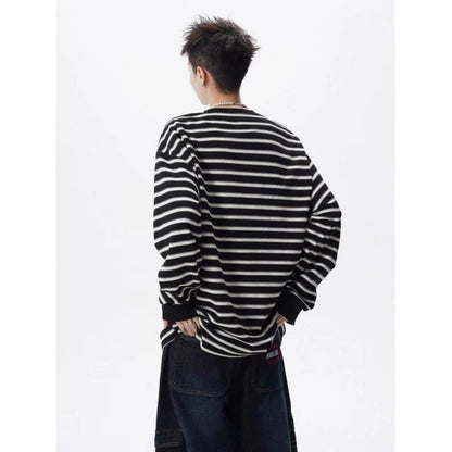 Lazy Style Striped Loose T Shirts Men's Long Sleeve All-match Youth Street Casual Tops Spring Autumn Korean Trend Men Clothing