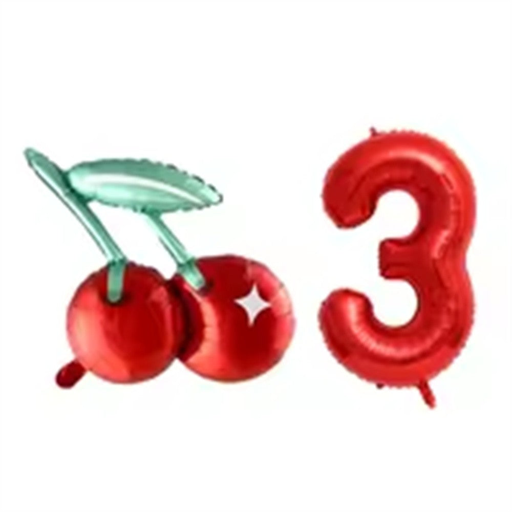 2pcs Cherry Foil Balloons with 32inch Red Number Balloon for Summer Fruit Theme Kids Birthday Baby Shower Party Decoration