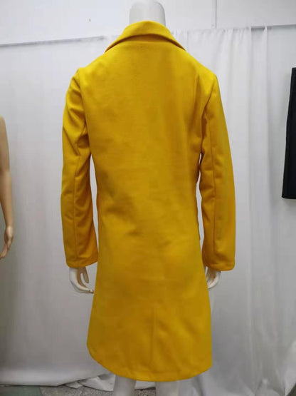 2024 European and American New Solid Color Lapel Mid length Button Woolen Coat for Women