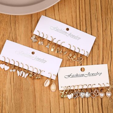 36 Pcs Boho Heart Hoop Earring Set for Women Gold Color Bohemia Vintage Pearl Earring  European and American Jewelry Gifts 2024