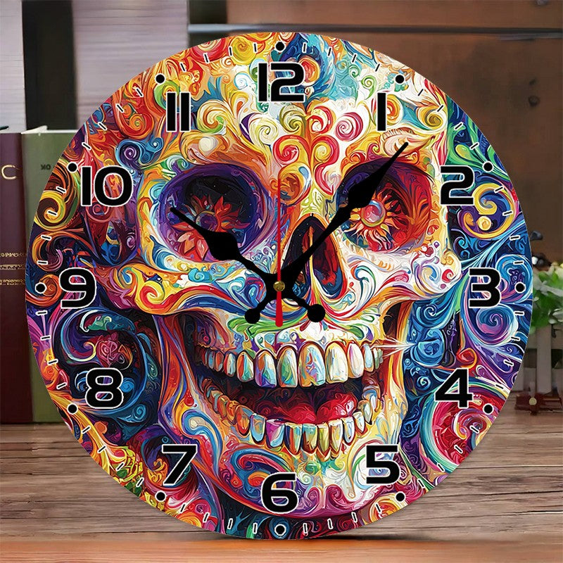 Evil Skull Wooden Round Silent Hanging Wall Clock, Suitable For Living Room, Office, Study Room, Bedroom, Home Decoration