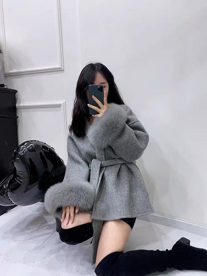 2025 Retro Elegant Lace Up Woolen Casual Overcoat Women Harajuku Loose Warm Plush Long-sleeved Autumn Fashion New Street Jacket