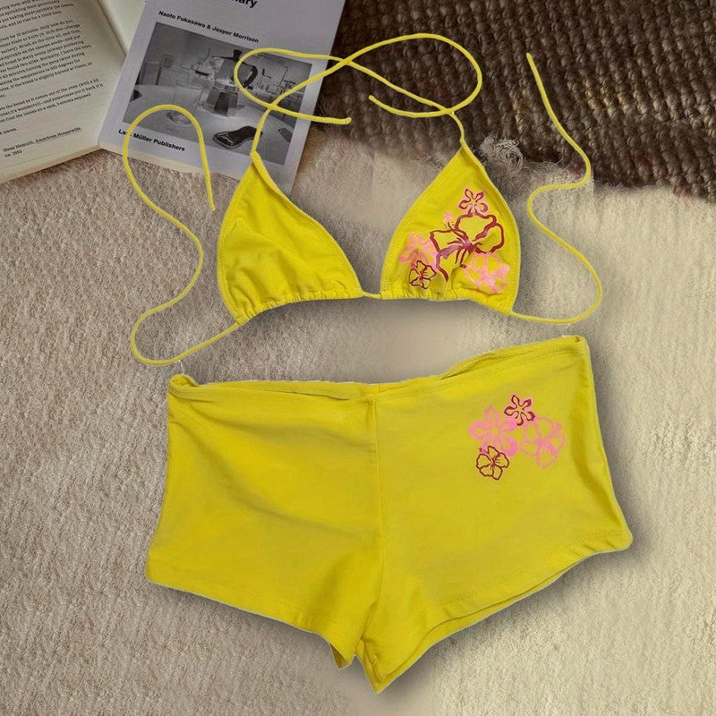 Y2k subculture retro millennium girls style hanging neck suspender bikini set summer beach kawaii classic comfortable bikini set