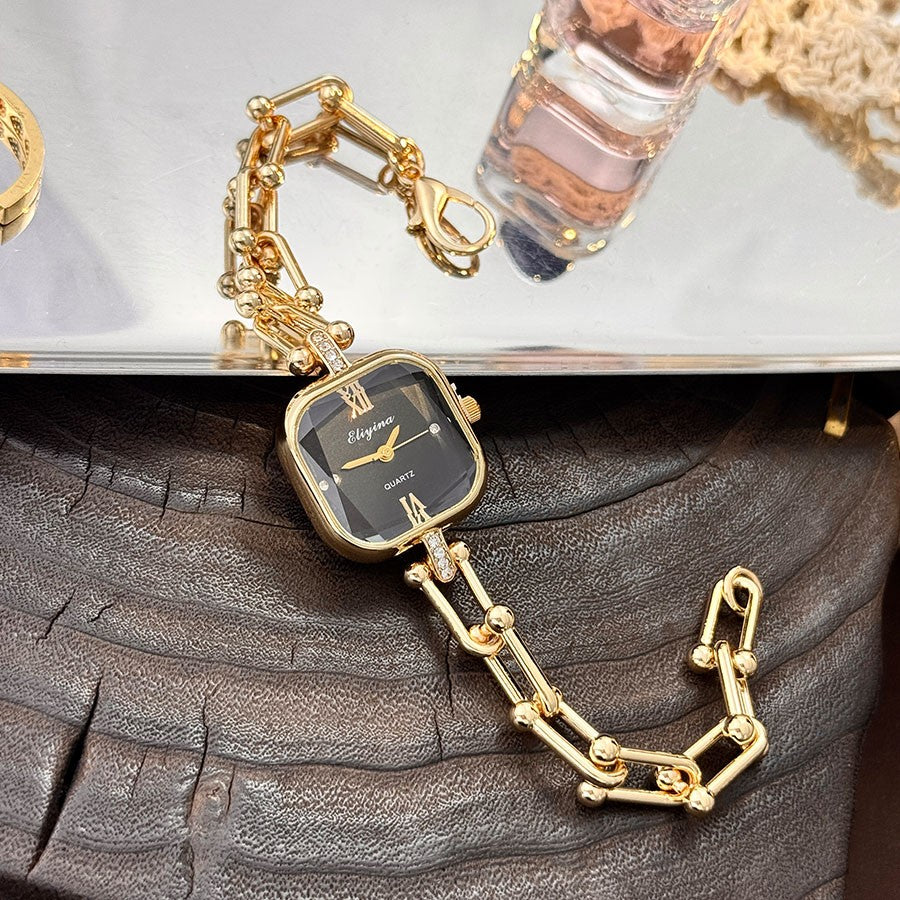 Luxury Minimalist Bracelet Watch Creative Square Multi-Faceted Glass Quartz Movement Chain Mid-century Small  High-End Acces