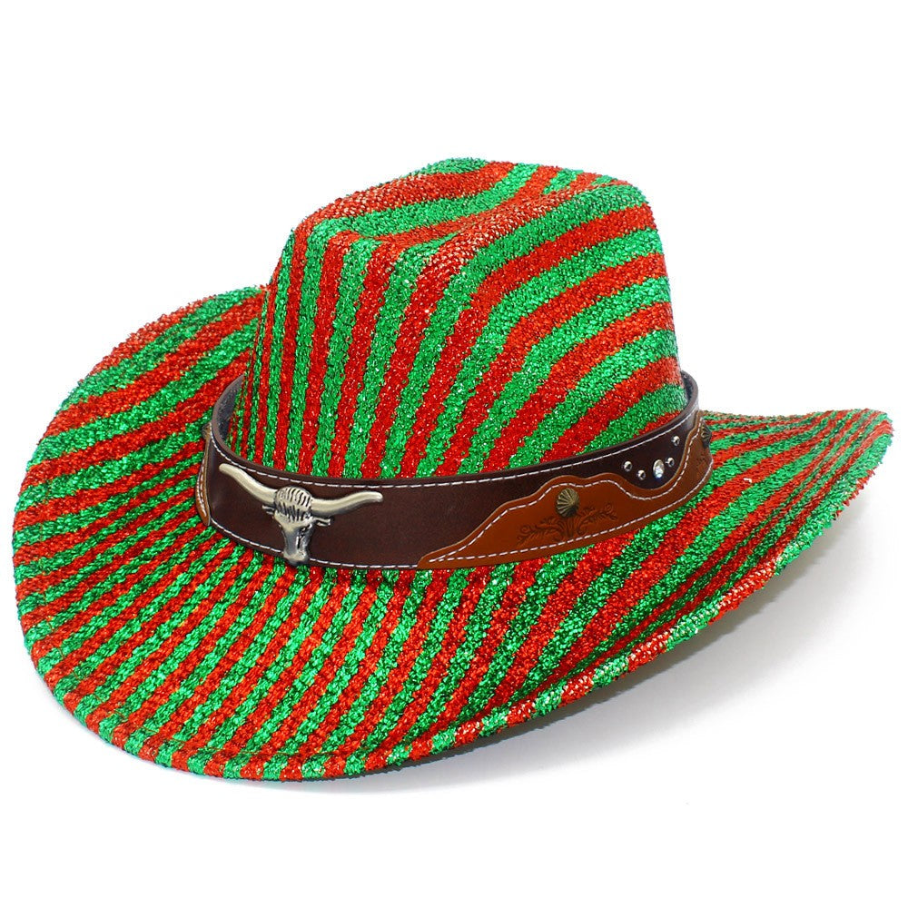 Chapéu Fedora Estampado Listrado para Homens e Mulheres, Chapéu de Cowboy Cowgirl com Aba Larga Enrolada Ocidental de Pano Bronzeador para Festas de Halloween