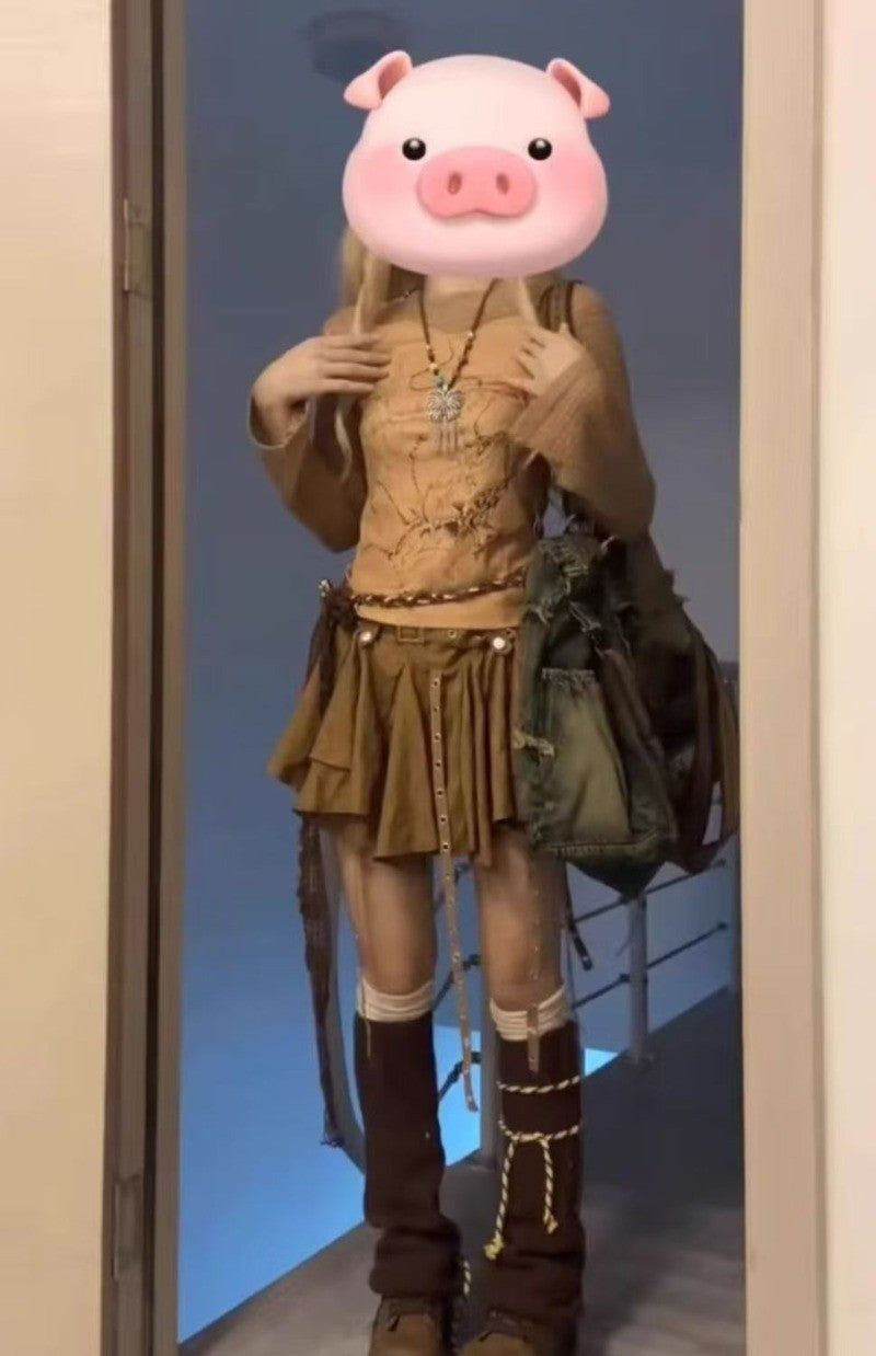 High Street Fashion Brand Brown Gothic Harajuku Fashion Skirt Retro Striped Casual Loose Streetwear Pleated Short Skirt Women