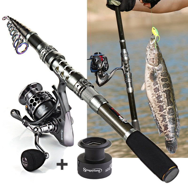 Sougayilang 1.8-3.3m Carbon Fiber Spinning Fishing Rod and 13+1BB Fishing Reel Combo Telescopic Fishing Pole Spinning Reel Kit